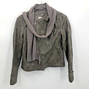 Macys Womens Aviator Bomber Jacket Faux Leather Khaki Small Attached Scarf Zip